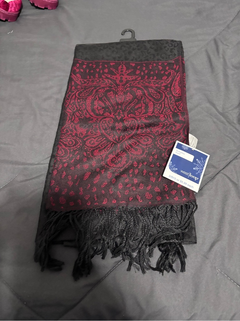 west loop Black and Burgundy Paisley Fringe Wrap
